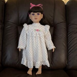 Adorable My Twinn 23” Doll w/ White Nightgown. Dark brown hair & purple eyes.